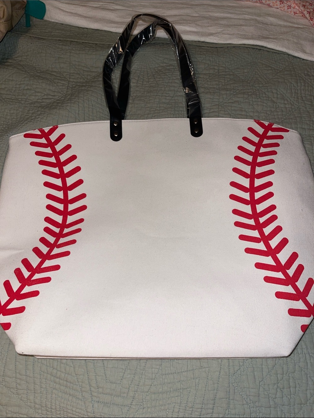 Large White & Red Baseball Stitch Tote Bag - Women Bags